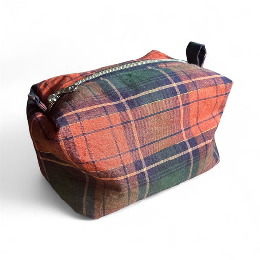 Plaid canvas pouch with zipper, minimalist and functional design, on white background