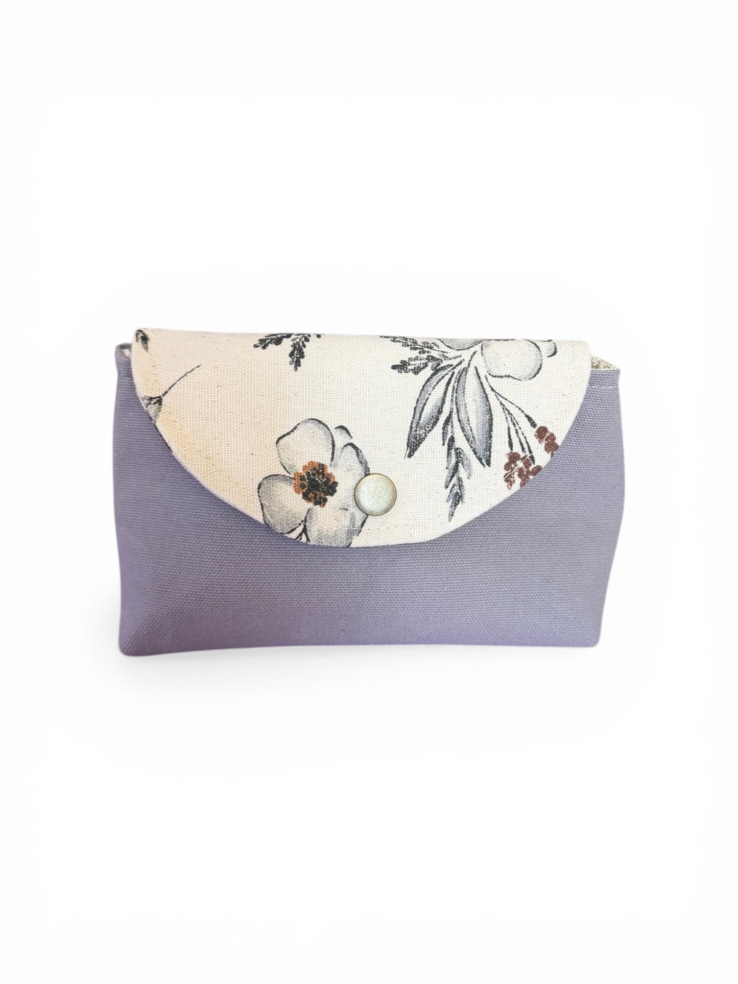 Gray Meadow canvas clip-on pouch with floral flap and snap closure