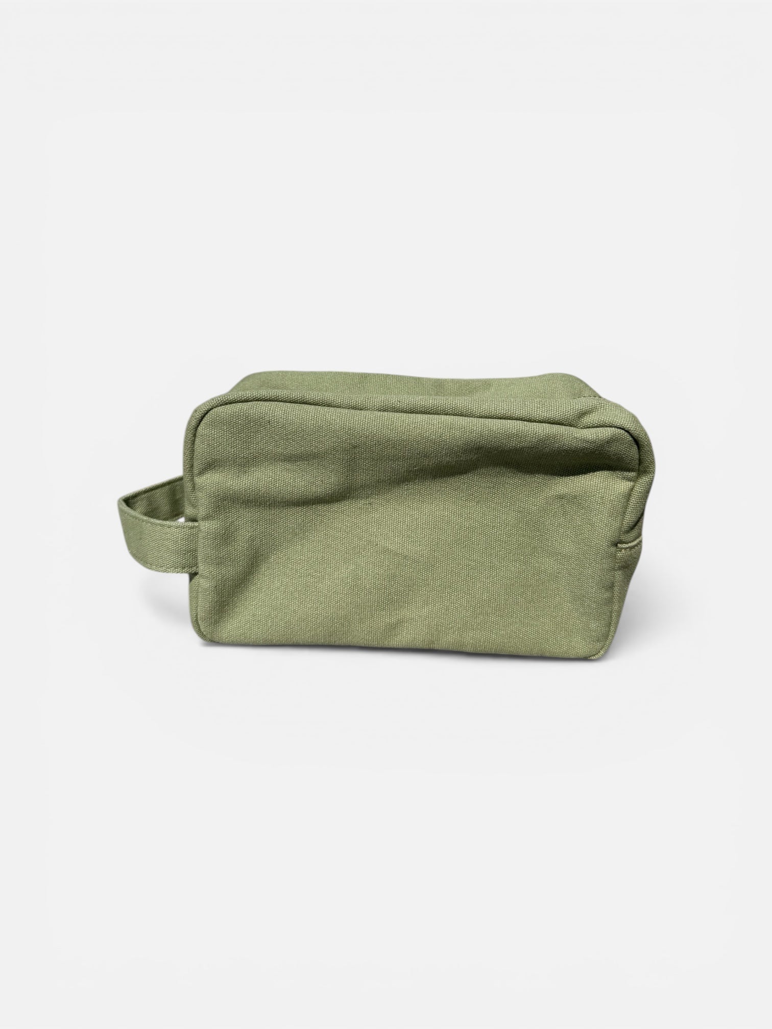 Olive green canvas makeup bag back view minimalist toiletry pouch