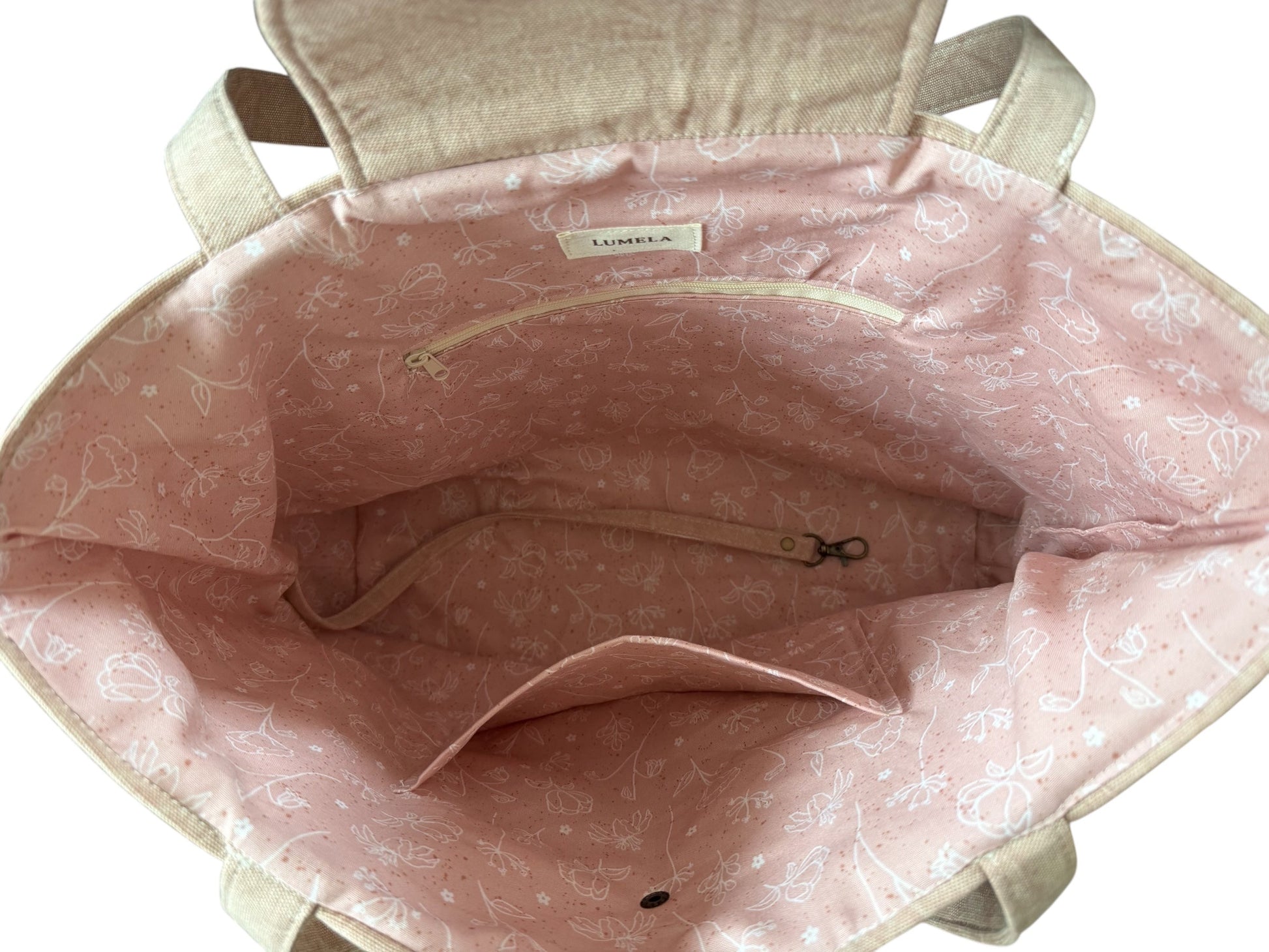 inside of pink canvas tote bag spacious interior everyday carry bag lightweight canvas tote