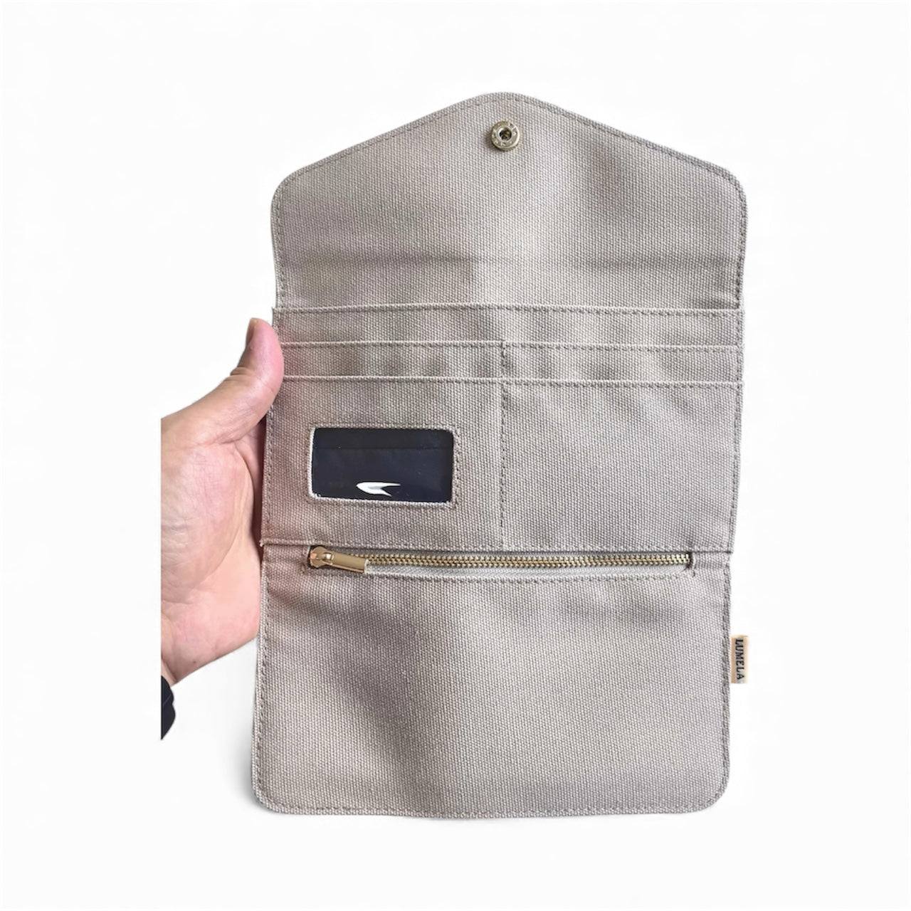 Canvas envelope wallet inside view compartments and storage for essentials