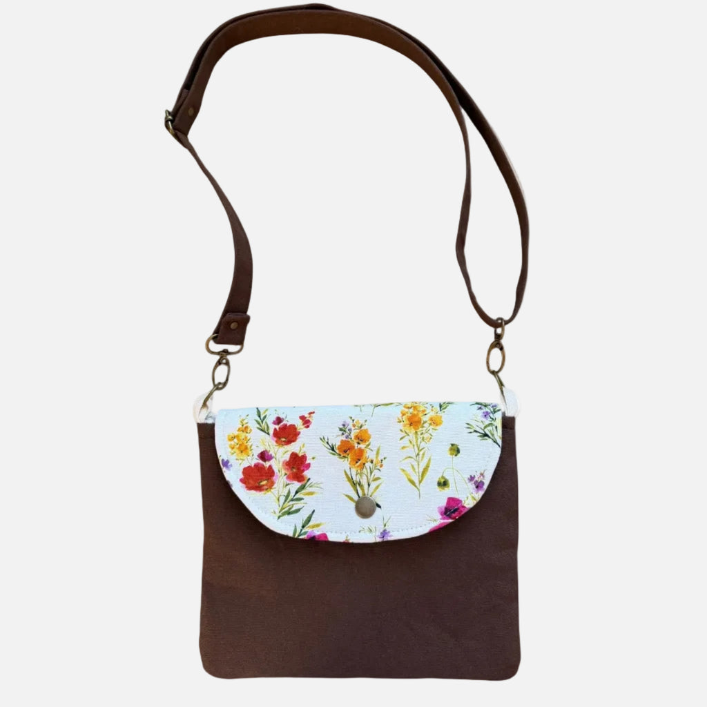 Dark Brown Floral canvas tote bag in soft spring tones on white background