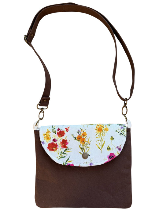 Dark Brown Floral canvas tote bag in soft spring tones on white background